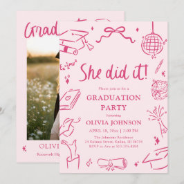 Convite Modern Hand Drawn She did it Pink Graduation Party