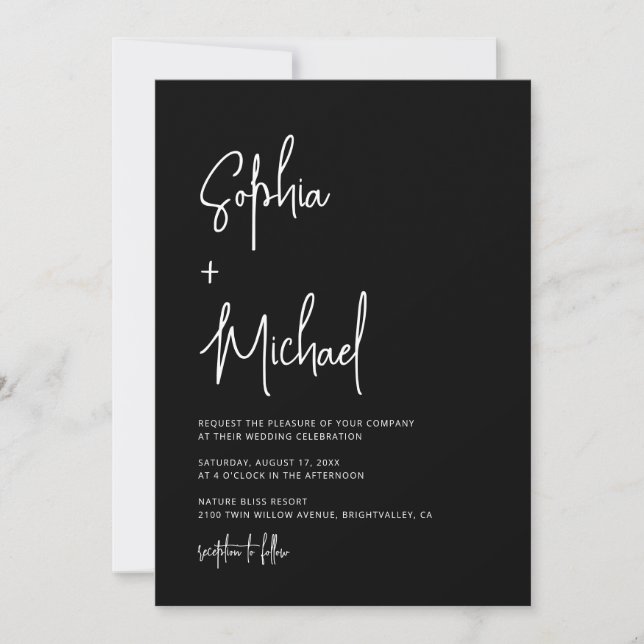Convite Modern Hand Lettering Script Black White Wedding (Frente)