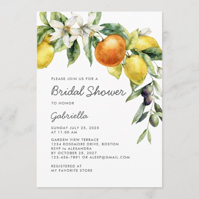 Convite Modern Handwritte Script Citrus Bridal Shower (Frente)