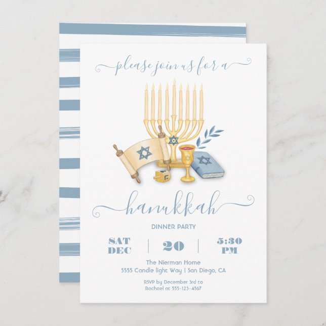 Convite Modern Hanukkah Party watercolor (Frente/Verso)