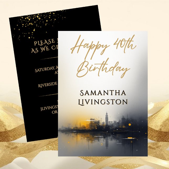 Convite Modern Happy 40th Birthday Party Black and Gold (Modern Happy 40th Birthday Party Black and Gold Invitation)