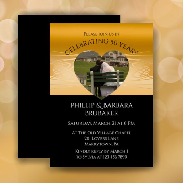 Convite Modern Heart Photo Golden 50th Wedding Anniversary (Customize this elegant 50th wedding anniversary party invitation with photo heart gold and black.
)