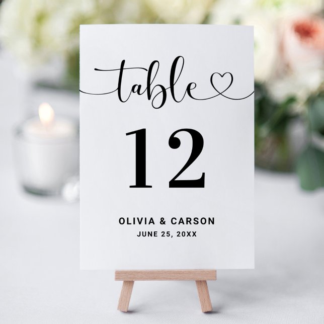 Convite Modern Heart Script Wedding Table Number (Criador carregado)