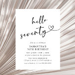 Convite Modern Hello Seventy Black and White 70th Birthday<br><div class="desc">Celebrate seventy years in style with this modern black and white “Hello Seventy” birthday invitation. Featuring elegant typography and a clean minimalist layout,  it’s perfect for an upscale dinner,  cocktail party,  or milestone celebration. A classy and timeless choice for a 70th birthday event.</div>