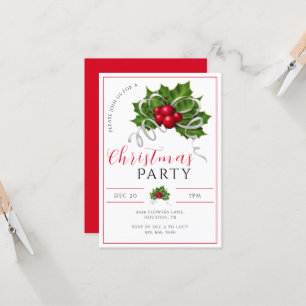 Convite Modern Holly, Festa de Natal Berries & Ribbon