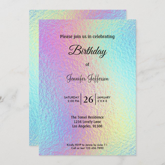 Convite Modern holographic Birthday invitation (Frente/Verso)