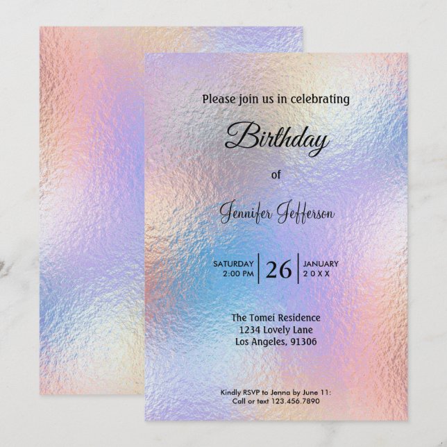 Convite Modern holographic Birthday invitation (Frente/Verso)