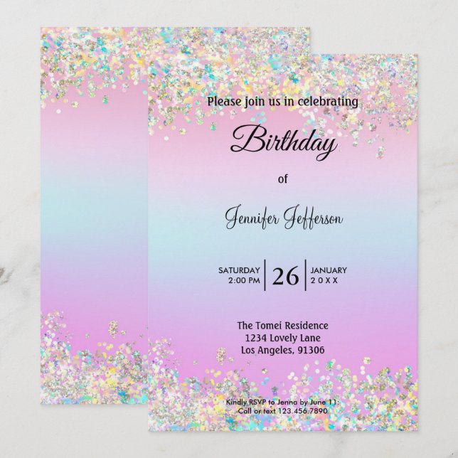 Convite Modern holographic Birthday invitation (Frente/Verso)