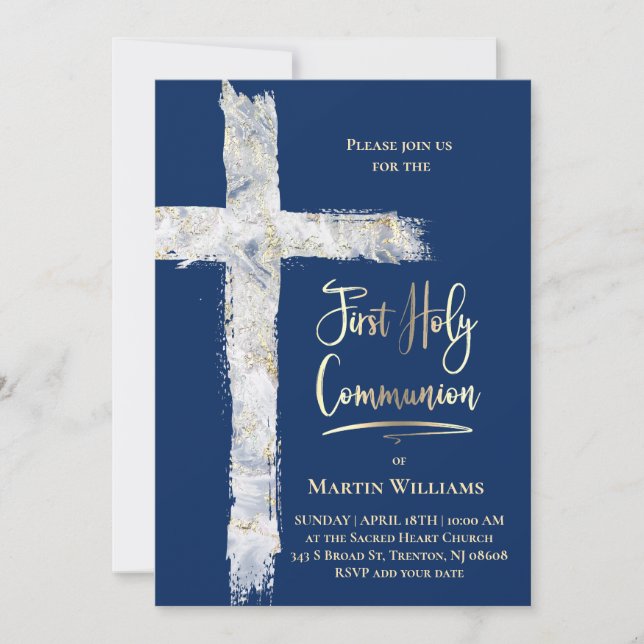 Convite modern Holy cross on blue | First Communion (Frente)
