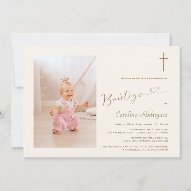 Convite Modern Invitación De Bautizo Hija Photo Girl (Frente)