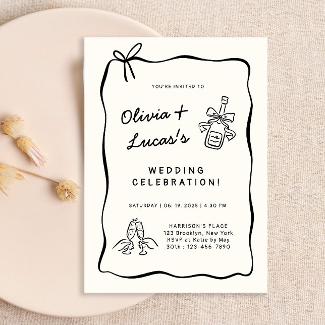 Convite Modern Ivory & Black Hand-Drawn Wedding  (Criador carregado)