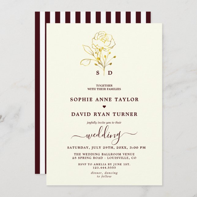 Convite Modern Ivory Deep Burgundy Monogram Wedding (Frente/Verso)