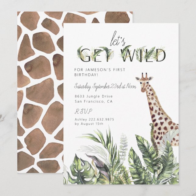 Convite Modern Jungle Greenery | Giraffe Birthday (Frente/Verso)