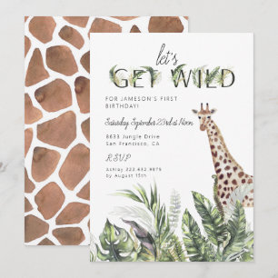 Convite Modern Jungle Greenery   Giraffe Birthday