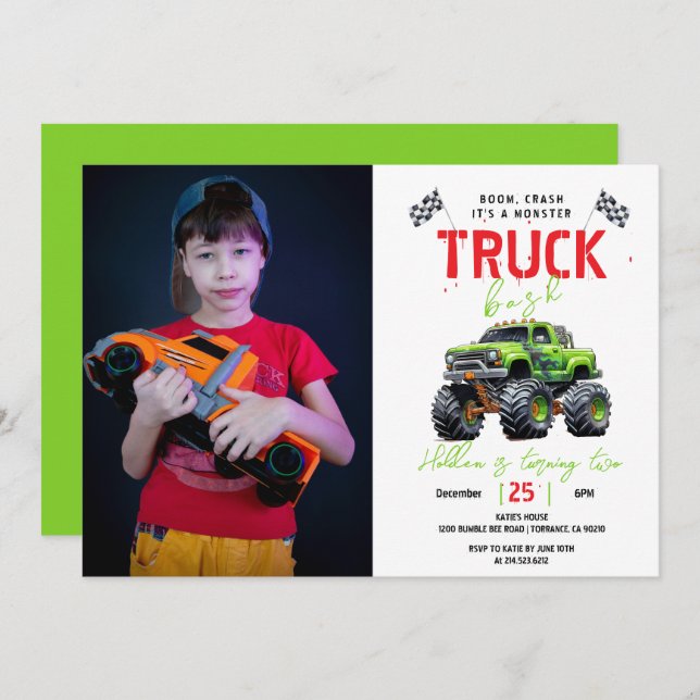 Convite Modern Kids Monster Truck Birthday Party (Frente/Verso)
