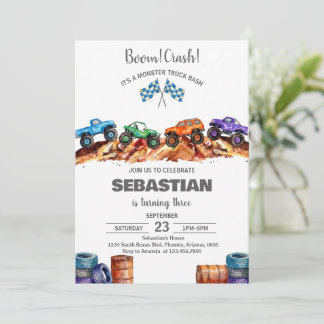 Convite Modern Kids Monster Trucks Birthday Party