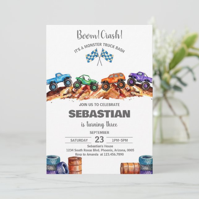 Convite Modern Kids Monster Trucks Birthday Party (Em pé/Frente)