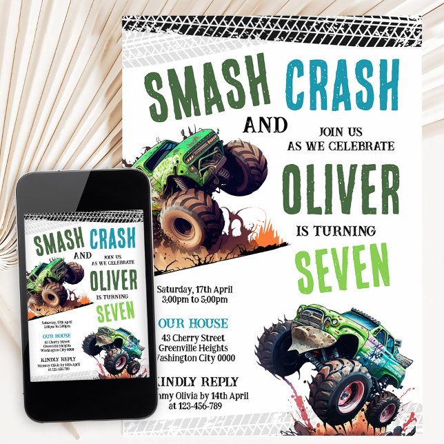 Convite Modern Kids Monster Trucks Birthday Party (Criador carregado)