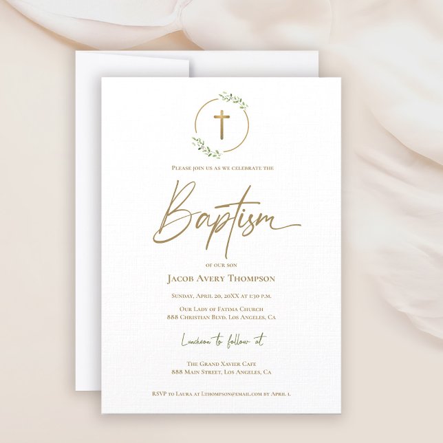 Convite Modern Laurel Wreath Gilded Dourado Cross Baptism (Baptism gold cross laurel watercolor leaves invitation)