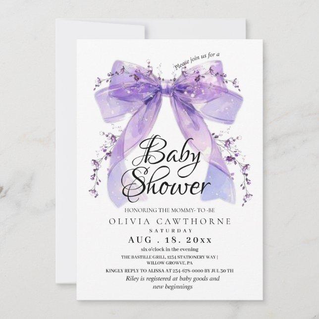 Convite Modern Lavender Bow and Flowers Baby Shower (Frente)