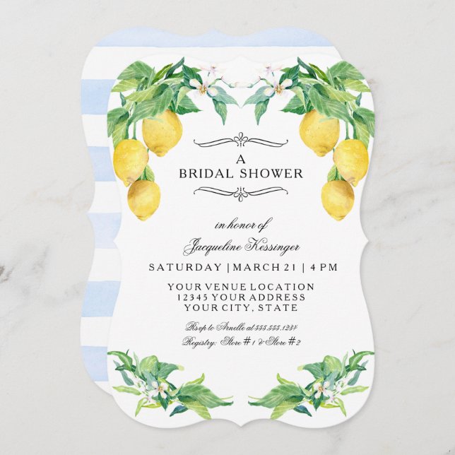 Convite Modern Lemon Floral Elegant Blue Bridal Shower (Frente/Verso)