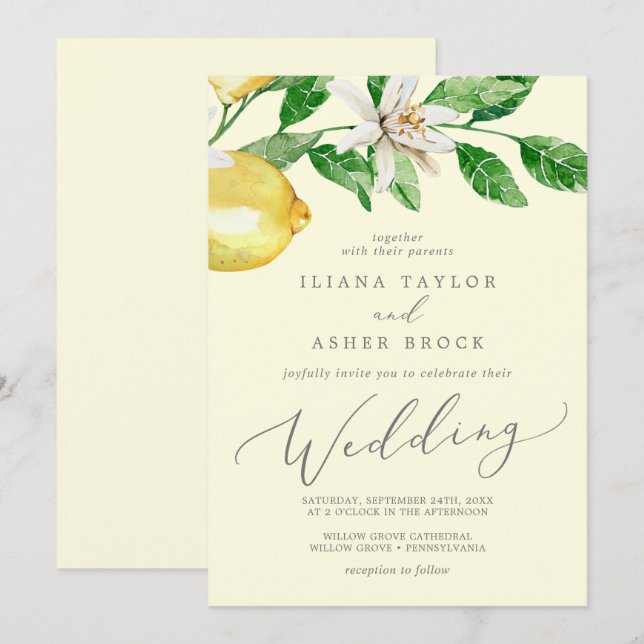 Convite Modern Lemon Garden | Casamento amarelo (Frente/Verso)