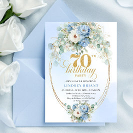 Convite Modern Light Blue Flowers 70th Birthday Invitation