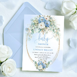 Convite Modern Light Blue Peonies Eucalyptus Baby Shower
