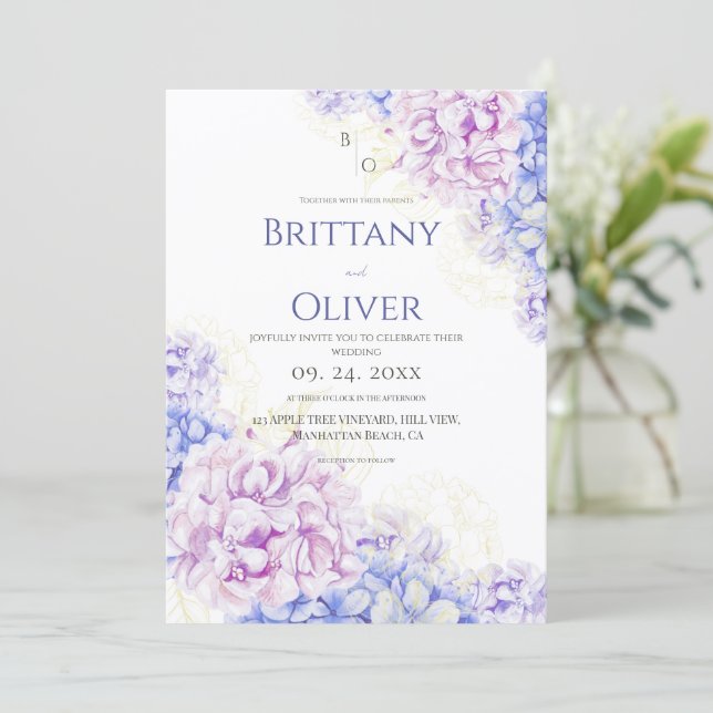 Convite Modern Lilac & Blue Floral Wedding (Em pé/Frente)