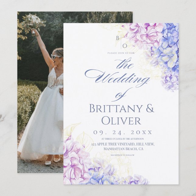 Convite  Modern Lilac & Blue Spring  Floral Wedding (Frente/Verso)