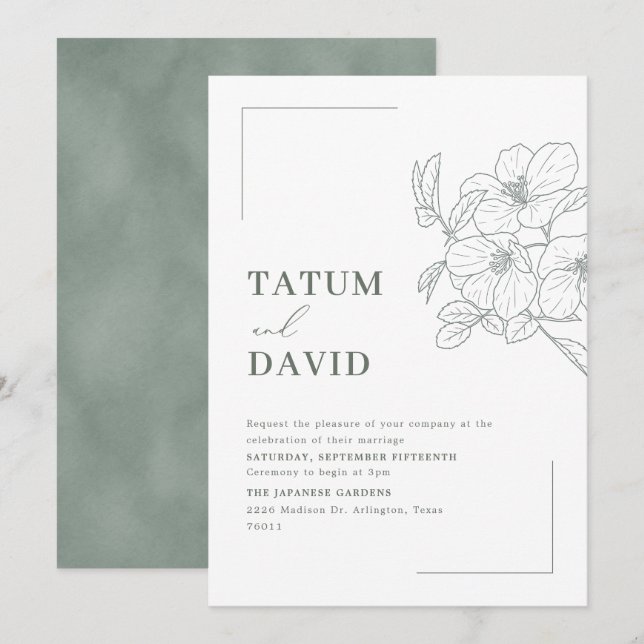 Convite Modern Line Art Floral Green Wedding Invite (Frente/Verso)