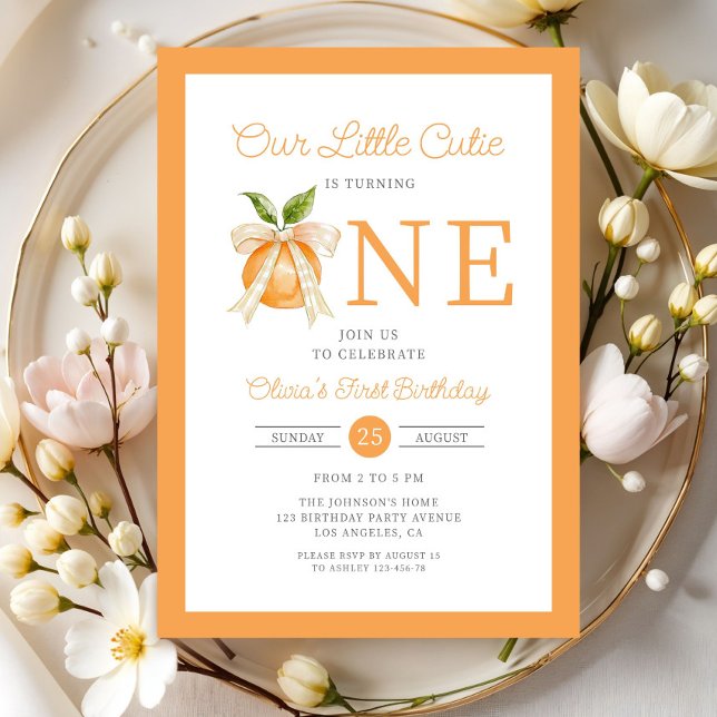 Convite Modern Little Cutie Orange Citrus 1st Birthday (Modern Little Cutie Orange Citrus 1st Birthday Invitation)