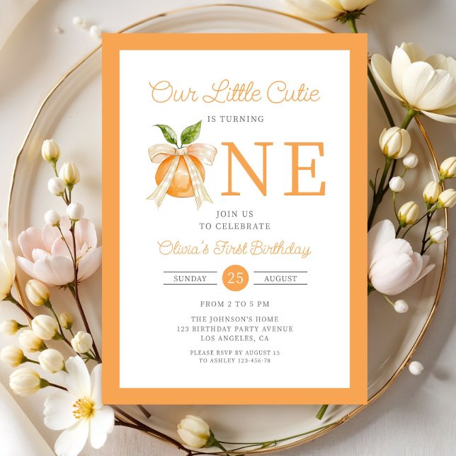 Convite Modern Little Cutie Orange Citrus 1st Birthday (Modern Little Cutie Orange Citrus 1st Birthday Invitation)