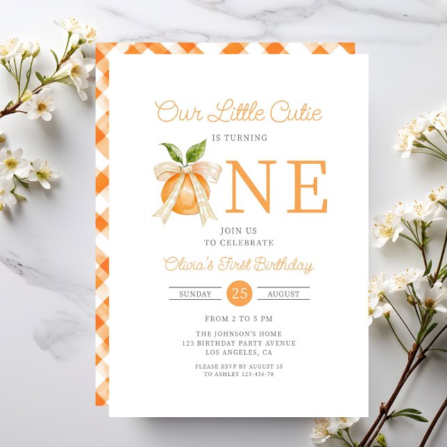 Convite Modern Little Cutie Orange Citrus 1st Birthday (Modern Little Cutie Orange Citrus 1st Birthday Invitation)