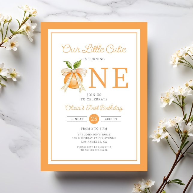 Convite Modern Little Cutie Orange Citrus 1st Birthday (Modern Little Cutie Orange Citrus 1st Birthday Invitation)