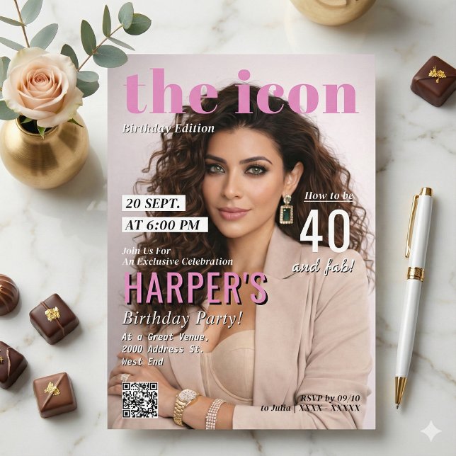 Convite Modern Magazine Cover Photo Birthday Party (Make your birthday celebration headline news with this chic and modern magazine cover invitation! )