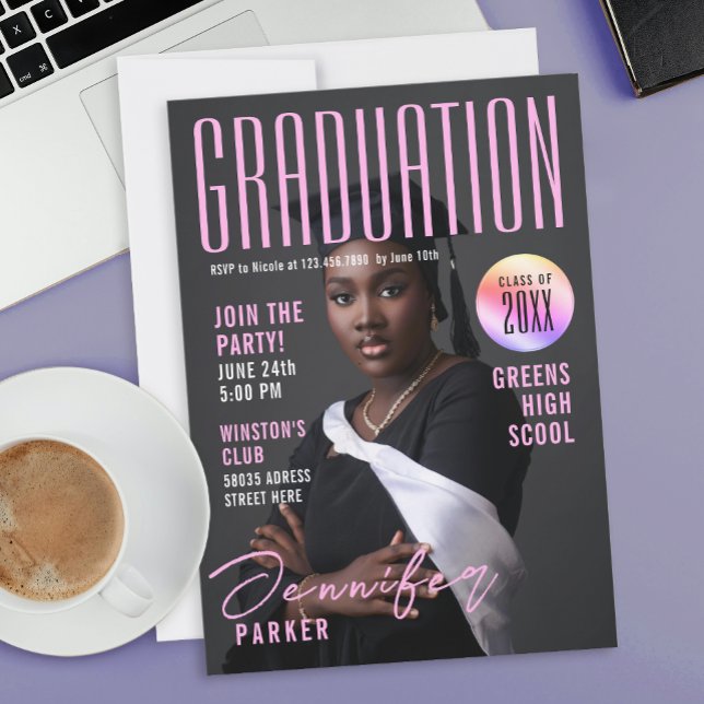 Convite Modern Magazine Pink Graduation School Bachelor (Criador carregado)