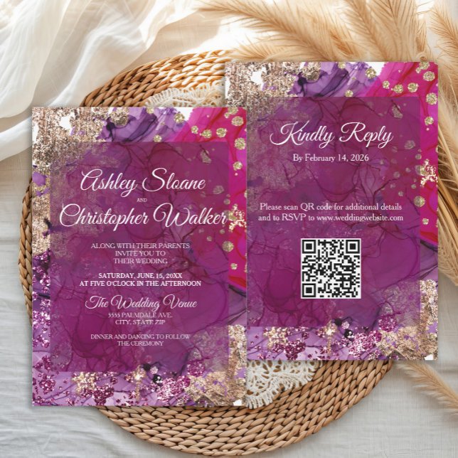 Convite Modern Magenta Plum Gold QR code Wedding (Elegant and modern magenta, purple and gold glittery wedding invitation with QR code)