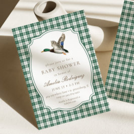Convite Modern Mallard Duck Neutral Gingham Baby Shower