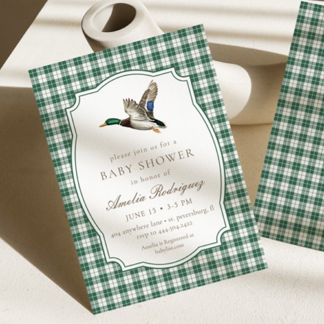 Convite Modern Mallard Duck Neutral Gingham Baby Shower (Criador carregado)