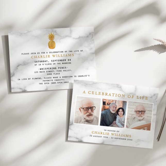 Convite Modern Marble Celebration of Life Memorial 3-Photo (Criador carregado)