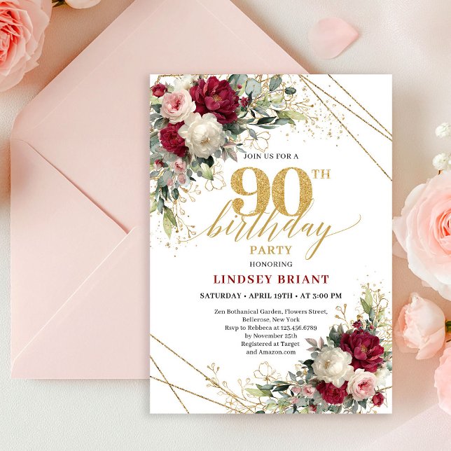 Convite Modern Marsala Gold Floral 90th Birthday Invitatio (Modern Marsala Gold Floral 90th Birthday Invitation

)