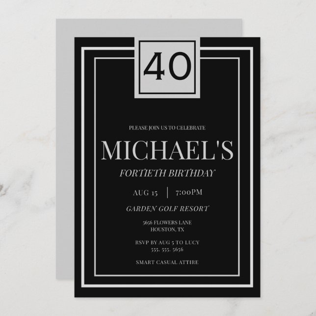 Convite Modern Masculine Silver & Black 40th Birthday (Frente/Verso)