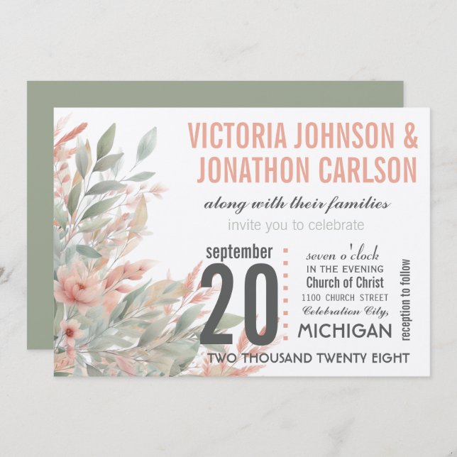 Convite Modern Mason Jar Coral e Mint Floral Weding (Frente/Verso)