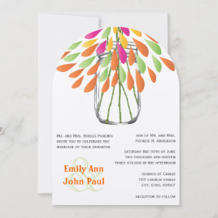 Convite Modern Mason Jar Pink e Orange Floral Weding