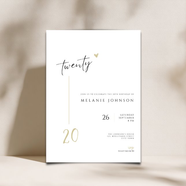 Convite Modern Minimal 20th Birthday Party Invitation (Minimal Modern 20th birthday invitation with handwritten typography.)