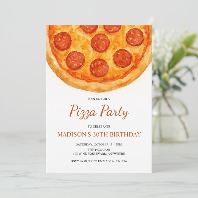 Convite Modern Minimal Adult Birthday Pizza Party (Em pé/Frente)
