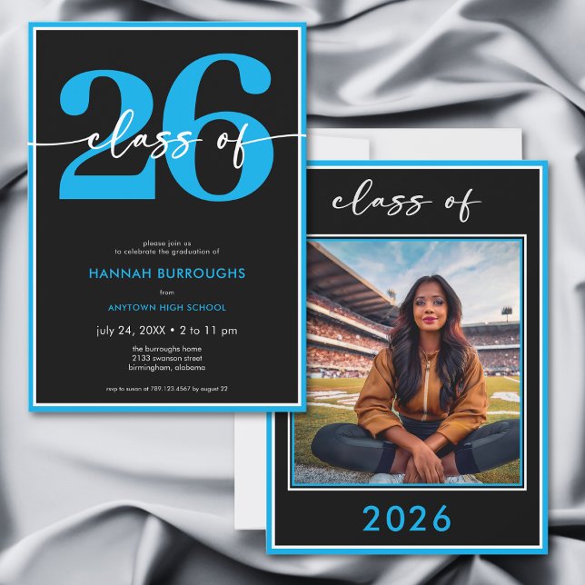 Convite Modern Minimal Blue Script Graduation Party (Modern Minimal Blue Script Graduation Party Invitation)