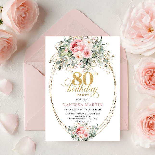 Convite Modern Minimal Blush Floral 80th Birthday Invite  (Modern Minimal Blush Floral 80th Birthday Invite Set

)