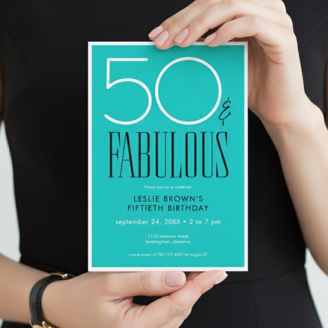 Convite Modern Minimal Fifty Fabulous Bright Aqua Birthday (Criador carregado)